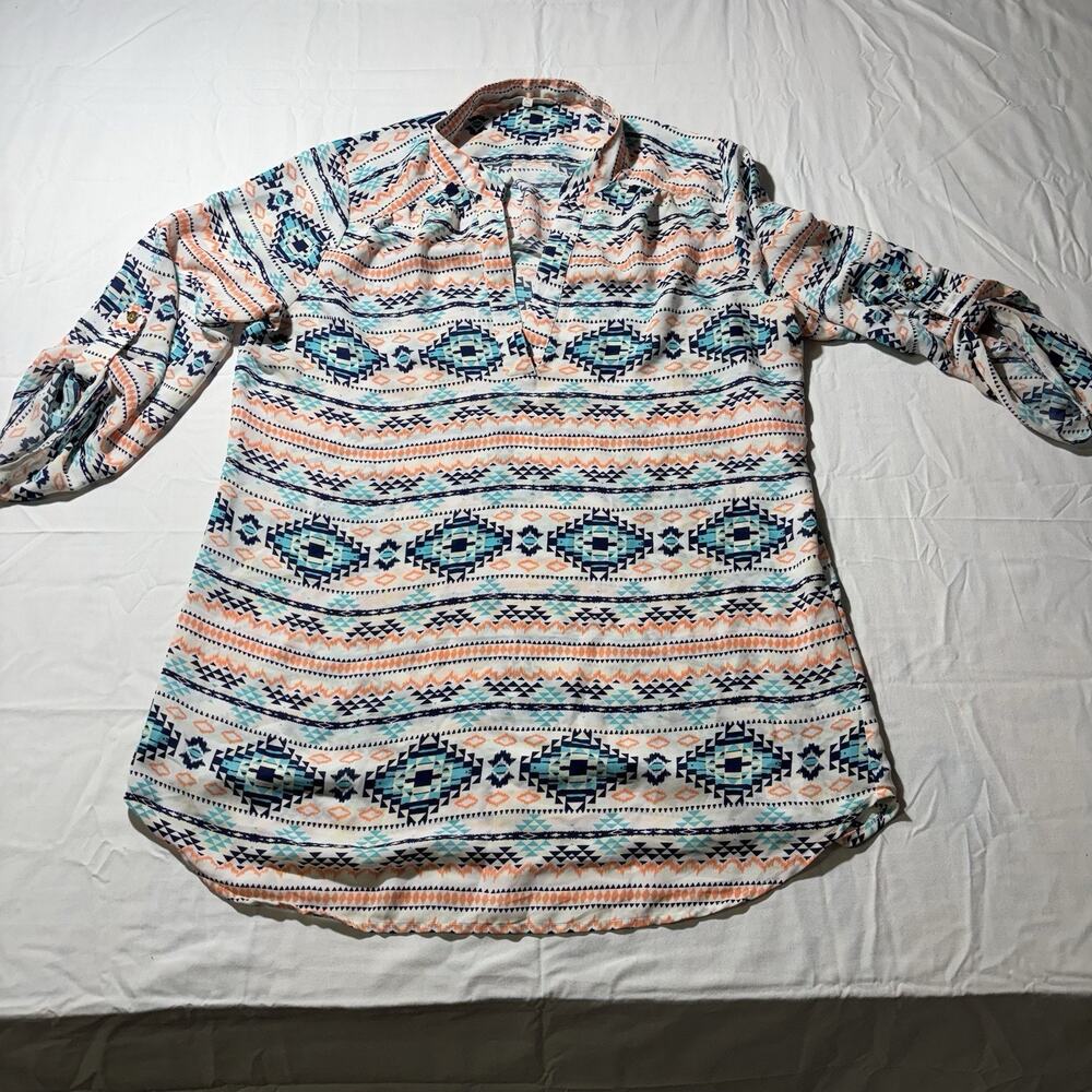 Wishful Park Women’s XL Southwest Aztec Tunic Top Roll Tab Sleeve Boho